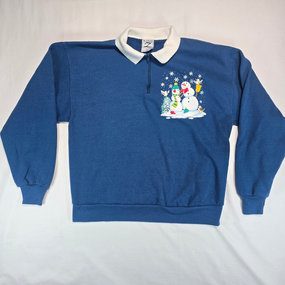 Vintage Whim Z Jerzees Snowman Quarter Zip Sweatshirt Blue Large Made in USA